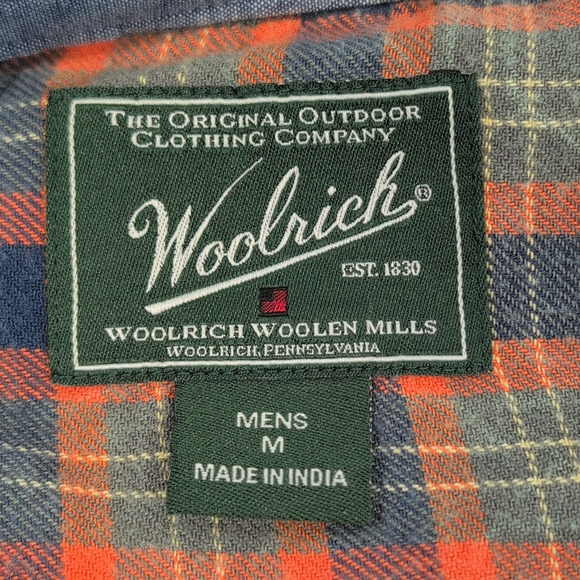 Woolrich Trout Run Mens M Flannel Shirt Plaid Orange Blue Long Sleeve Cotton - Picture 5 of 15